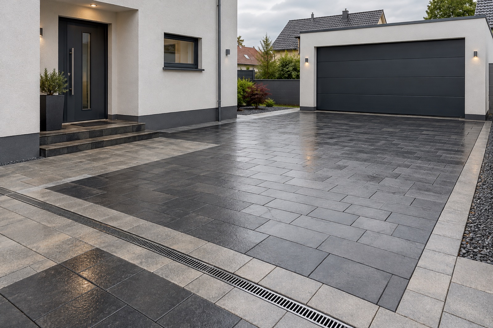 Gepflasterte Hofeinfahrt mit Entwässerungsrinne, Pflasterarbeiten im Odenwaldkreis (Visualisierung)